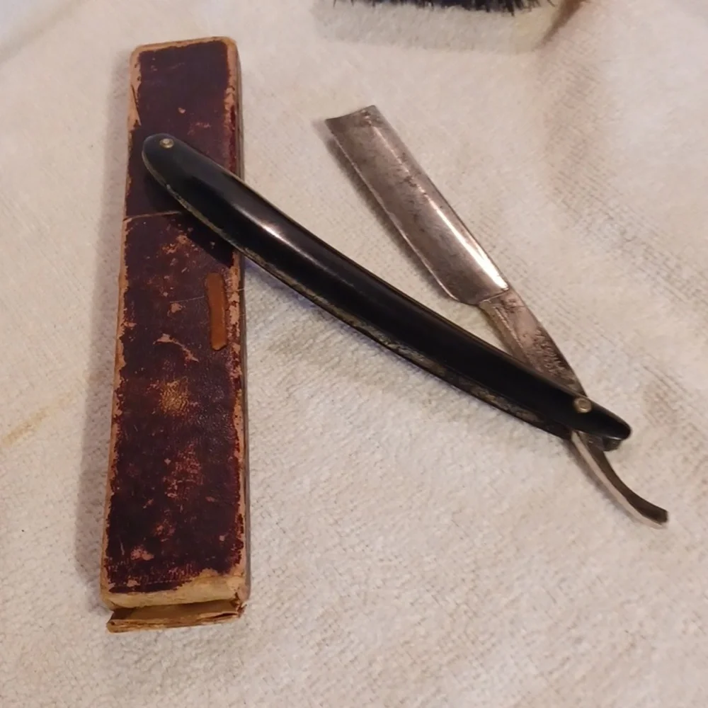 Vintage Barber Set with Black Handle Stright Razor And Brushes
